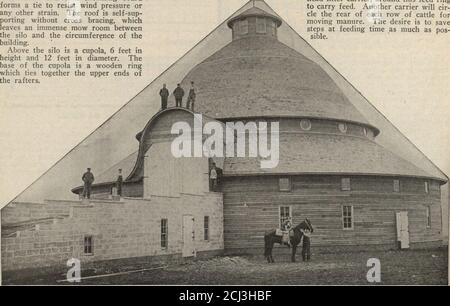 . Notre livre de ferme et de construction. . Grange ronde de quatre-vingt-dix pieds, n° A254L, en cours de construction en Iowa. Le toit est gainé de % par 2 bandes. Cheval stable est une section de bloc de béton sous le pont au plancher de foin. Chaque rafter et chaque planche à feuilles forment une attache pour résister à la pression du vent ou toute autre contrainte. Le toit est auto-sup-portant sans renfort de croix, qui laisse une immense salle de mow betweenthe silo et la circonférence du bâtiment. Au-dessus du silo se trouve une coupole, 6 pieds en hauteur et 12 pieds en diamètre. La base de la coupole est un anneau en bois qui relie les extrémités supérieures des chevrons. Banque D'Images