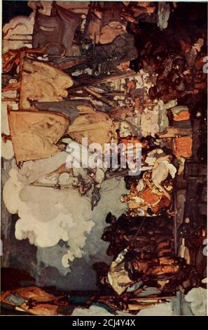 . Frank Brangwyn et son travail. 1911 . s sont aussi très bons, dessinés et peints avec une main de marins experts. Ils s'élèvent lourdement au-dessus de la mer et semblent déplacer le poids de l'eau qui est nécessaire à leur sécurité en tant qu'hôtels flottants. ASTO la deuxième image, il tient son propre lieu admirableau-dessus d'une grande cheminée où de nombreux contrastes riches de couleur se rencontrent: Tuiles lustrous, marbres variés, anda pediment soutenu par des capitales dorées. Le sujet est le retour de Blake après avoir capturé les navires de plaque.comme un tableau—je vous réfère à l'impression de couleur—il a été plus matricaté que l'autre, i Banque D'Images