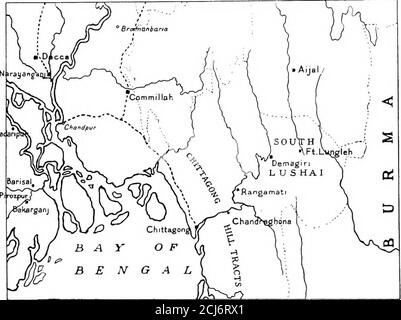 . Les collines de Lushai : une histoire de la mission pionnière de Lusahi . La Birmanie indépendante, à l'ouest par Chittagong, un districttof du Bengale, et au sud par la Birmanie elle-même. A l'exception des plaines sur sa frontière birmane, il est composiédde chaînes parallèles de montagnes s'étend au nord et au sud—de hauteurs variant de deux mille pieds à se fermer sur des milliers de pieds—avec onlj- vallées étroites entre. Ce tractus a été le théâtre de diverses migrations, de nouvelles tribus à différents moments poussant l'ancien habitant snorthwards et vers l'ouest. Les Lushais, qui sont aujourd'hui la race dominante, semblent avoir commencé à le faire Banque D'Images