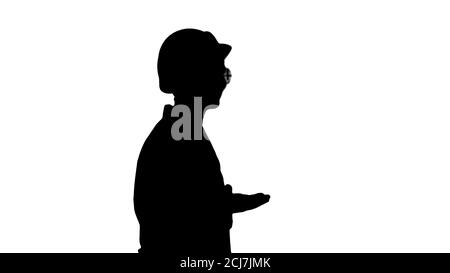 Silhouette jeune scientifique en blouse de laboratoire et casque de marche et s Banque D'Images