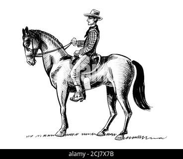 Cowboy à cheval. Encre noir et blanc dessin Banque D'Images