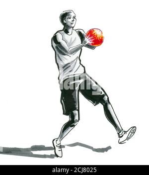 Jeune homme jouant au basket-ball. Dessin à l'encre et aquarelle Banque D'Images