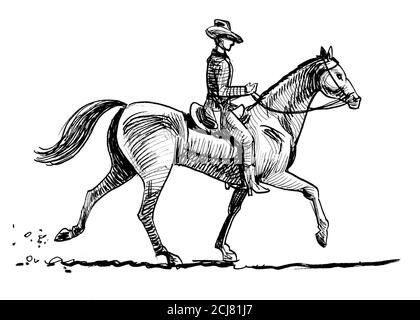 Cow-boy américain à cheval. Dessin noir et blanc Banque D'Images