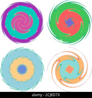 Formes lisses, pastel, abstraites colorées concentriques, radiales, concentriques en spirale, tourbillons, tourbillons et tourbillons. Eléments de conception avec rotation, gyre, torsion Illustration de Vecteur