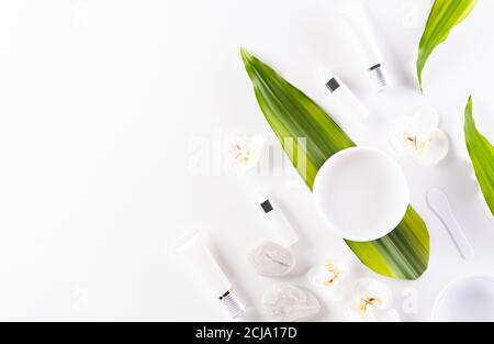 Récipients cosmétiques pour bouteilles, crème pour la peau avec feuilles de plantes vertes. Beauté naturelle et concept spa, vue sur le dessus sur fond de table blanche. Banque D'Images