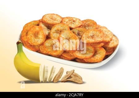 Croustilles frites gaufrettes, croustilles saines ou Banana ou galette, déshydratée, Kerala cuisine frite à l'huile, tranches de Banana se transformant en frites Banque D'Images