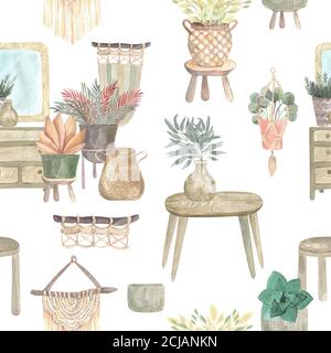 Motif sans couture de plantes boho et de fleurs intérieures dans des paniers et des pots suspendus mobilier éléments intérieurs. Aquarelle illustration décor moderne Banque D'Images