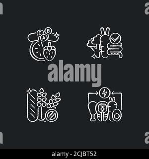 Les icônes blanches de la craie des groupes alimentaires sont placées sur fond noir Illustration de Vecteur
