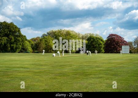 Club de cricket de Wiseton jouant au terrain de cricket du village à Wiseton Hall Banque D'Images
