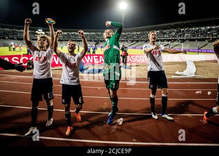 Aarhus, Danemark. 14 septembre 2020. Les joueurs de l'AGF célèbrent la victoire avec les fans après le match 3F Superliga entre Aarhus GF et Vejle Boldklub au parc Ceres d'Aarhus. (Crédit photo : Gonzales photo/Alamy Live News Banque D'Images