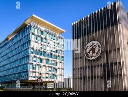 Siège de l'Organisation mondiale de la santé à Genève (Suisse), institution spécialisée des Nations Unies chargée de la santé publique internationale. Banque D'Images