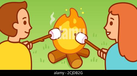 Mignon petit garçon de dessin animé et fille rôtisant des guimauves par feu de camp. Activité amusante de camping d'été. Illustration de clip art vectoriel. Illustration de Vecteur