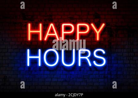 Happy hour. Enseigne au néon avec lettres lumineuses de rouge et de bleu sur le mur en brique noire Banque D'Images