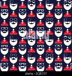 Motif de visages sans couture avec chapeaux, moustache et barbes de Santa. Motifs Père Noël variés. Icônes vacances Illustration de Vecteur