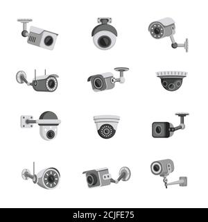 Ensemble de caméras de surveillance de style plat. Caméras CCTV, illustration vectorielle du système de reconnaissance des visages isolée sur fond blanc. Différentes caméras électroniques d'enregistrement. Illustration de Vecteur