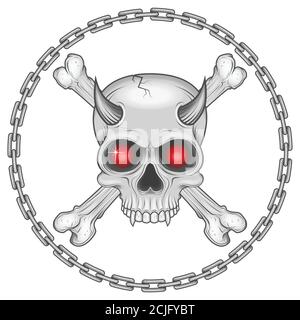 Conception vectorielle du crâne démoniaque avec des os entourés de chaînes, le tout sur fond blanc. Illustration de Vecteur