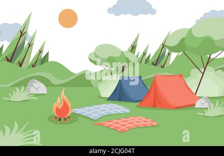Illustration à plat vecteur de camping d'été. Tentes de camping, couvertures et feu de camp dans la glade en forêt. Voyage d'été, camp de forêt, vacances, randonnée, concept de paysage de la nature. Illustration de Vecteur