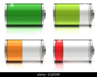 Icônes de batterie 3d avec différents niveaux de charge sur fond blanc Banque D'Images