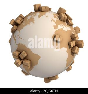 boîtes en carton dans le monde entier - concept 3d global d'expédition Banque D'Images