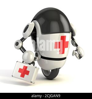 robot medic - rendu 3d de la drôle de dessin animé comme robot avec les premiers soins chantent dessus en tenant le trousse de premiers soins médicaux Banque D'Images