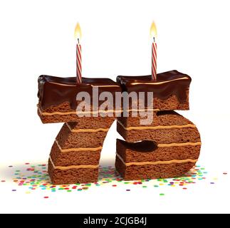 gâteau d'anniversaire au chocolat avec bougie éclairée et police confetti 3d numéro 75 Banque D'Images