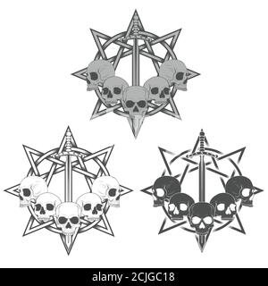 Illustration de crânes avec épée et étoile à 8 pointes en arrière-plan, art traditionnel, niveaux de gris Illustration de Vecteur