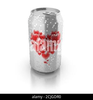 love potion 3d concept - cœurs d'amour imprimés sur de l'aluminium can Banque D'Images