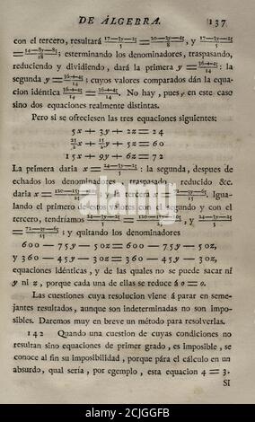 'Elementos de Matematica' (éléments de mathématiques), par Benito Bails (1730-1797), architecte et mathématicien espagnol des Lumières. Page avec calculs algébriques. Volume II, qui concerne les éléments de l'algèbre. Publié à Madrid, 1779. Banque D'Images