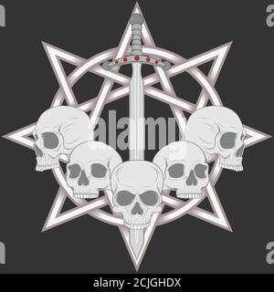 Illustration de crânes avec épée et étoile à 8 pointes en arrière-plan, art traditionnel Illustration de Vecteur