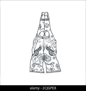 Namaskara Mudra, Namaste Mudra belle plate linéaire yoga méditation gestes de main autour des icônes ensemble, Vector Indian mudra positions des mains et des doigts Illustration de Vecteur