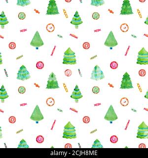 Arbre de Noël beignets bonbons doux sans couture motif sur fond blanc. Aquarelle illustration hiver papier d'écran numérique papier d'emballage cadeau Banque D'Images