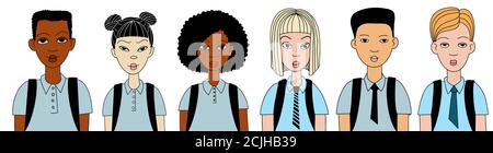 Jeu de caractères enfants. Groupe d'adolescents de différentes nationalités dans les uniformes scolaires. Isolé sur fond blanc. Style de l'illustratin vectoriel Illustration de Vecteur