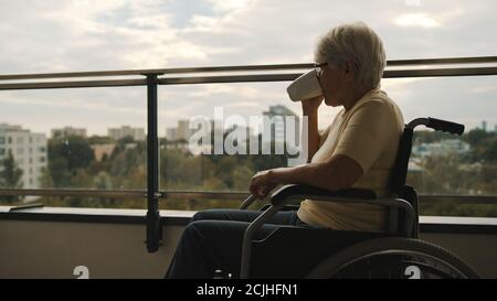 Femme sénior à cheveux gris avec lunettes buvant une tasse de café dans le fauteuil roulant sur le balcon. Photo de haute qualité Banque D'Images