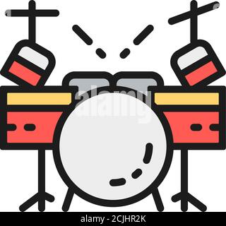 Kit de batterie, instrument de musique plat couleur icône de ligne. Illustration de Vecteur