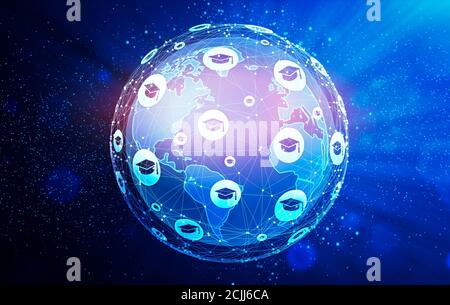 Concept d'apprentissage et d'éducation numériques. World Globe Hologram avec Gradation Cap Icons Network, Illustration créative en design futuriste Banque D'Images