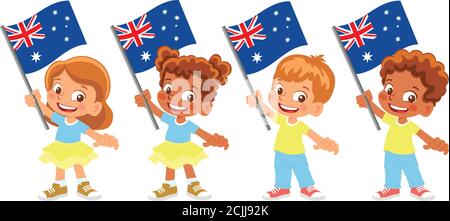 Drapeau australien en main. Drapeau de retenue des enfants. Drapeau national de l'Australie vecteur Illustration de Vecteur