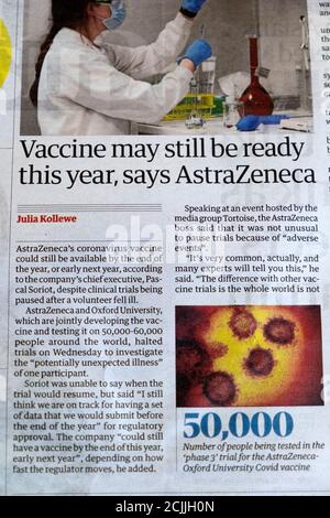 « le vaccin peut encore être prêt cette année, déclare AstraZeneca » dans l'article principal du journal Oxford University Guardian du 10 septembre 2020 à Londres, Royaume-Uni Banque D'Images