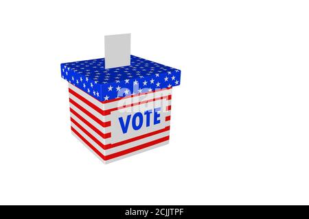 Illustration du concept de l'élection présidentielle américaine de 2020, bulletin de vote dans l'urne sur fond blanc, Bulletin électoral, avec drapeau américain d Banque D'Images