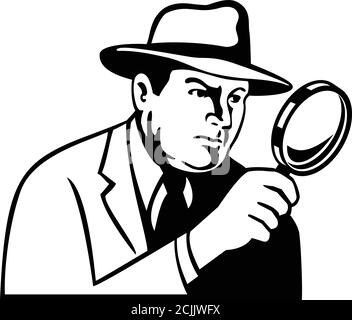 Stencil illustration d'un détective, inspecteur, œil privé ou enquêteur regardant à travers la loupe portant chapeau fedora vu de côté sur l'is Illustration de Vecteur