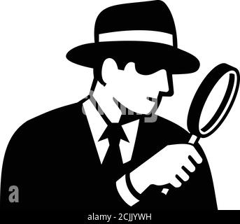 Stencil illustration d'un oeil privé, détective, inspecteur ou enquêteur privé regardant à travers la loupe portant chapeau fedora vue latérale sur moi Illustration de Vecteur