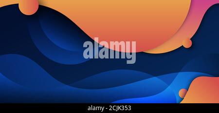 Vague abstraite en forme de fluide jaune et orange courbe avec un cercle sur fond bleu foncé. Illustration vectorielle Illustration de Vecteur