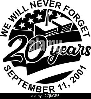 Illustration de style rétro du mémorial du Patriot Day 9-11 montrant le bâtiment WTC et le drapeau américain des États-Unis avec des mots que nous n'oublierons jamais le 11 septembre 2001 20 Illustration de Vecteur