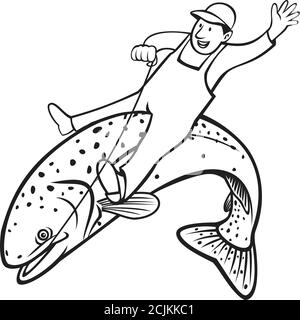 Illustration rétro de style pochoir d'un pêcheur de truite à tête d'arc-en-ciel, truite arc-en-ciel, Oncorhynchus mykiss, truite à bande rouge de la rivière Columbia, pluie côtière Illustration de Vecteur