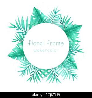 Cadre rond avec feuilles et branches tropicales aquarelles sur fond blanc. Banque D'Images