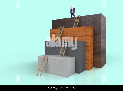 Rendu 3D de la réussite de l'exécutif en costume debout sur le dessus de l'échelle de carrière sur fond bleu Banque D'Images