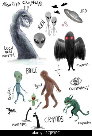 Feuille d'illustration de divers monstres Cryptid et extraterrestres Banque D'Images