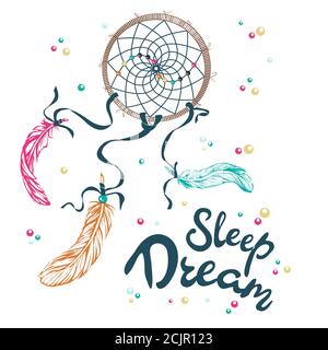 dreamcatcher blanc dessiné à la main avec des détails floraux et des plumes, plat motif ethnique imprimé dreamcatcher lettrage sommeil doux rêves Illustration de Vecteur