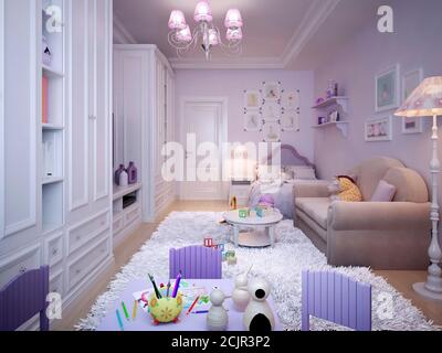 Chambre pour enfants de style classique avec mobilier blanc et murs roses. rendu 3d. Banque D'Images