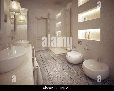 Salle de bains moderne avec toilettes et bidet et étagères au-dessus. rendu 3d. Banque D'Images