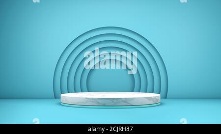Rendu 3D d'un élégant podium texturé en marbre sur un arrière-plan bleu pour l'affichage du produit Banque D'Images